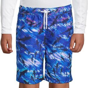 Lands' End Boy's Blue Shark Mesh Lined  Swim Trunks Husky  10-12 Large